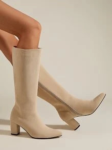 Side Zip Point Toe Chunky Heeled Faux Suede Classic Boots - Apricot - View 1