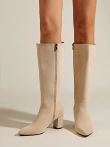 Side Zip Point Toe Chunky Heeled Faux Suede Classic Boots - Apricot - View 2