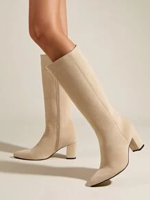 Side Zip Point Toe Chunky Heeled Faux Suede Classic Boots - Apricot - View 3