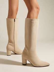 Side Zip Point Toe Chunky Heeled Faux Suede Classic Boots - Apricot - View 4