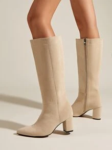 Side Zip Point Toe Chunky Heeled Faux Suede Classic Boots - Apricot - View 5