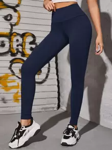 SHEIN PETITE 收復素色緊身打底褲 - 藏蓝色 - 查看 1