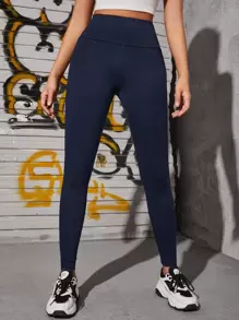 SHEIN PETITE 收復素色緊身打底褲 - 藏蓝色 - 查看 4