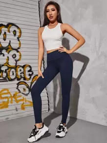 SHEIN PETITE 收復素色緊身打底褲 - 藏蓝色 - 查看 5