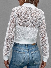 SHEIN LUNE Cazadora tipo bomber con cremallera corto con encaje - Blanco - Ver 2