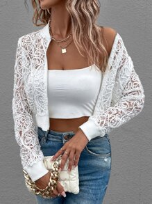 SHEIN LUNE Cazadora tipo bomber con cremallera corto con encaje - Blanco - Ver 4