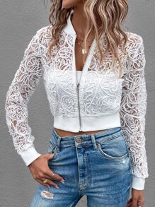 SHEIN LUNE Cazadora tipo bomber con cremallera corto con encaje - Blanco - Ver 1