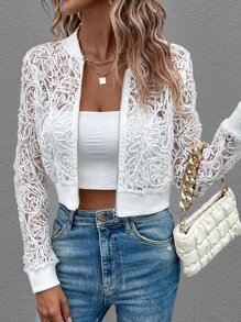 SHEIN LUNE Cazadora tipo bomber con cremallera corto con encaje - Blanco - Ver 5