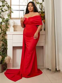 seomiscky Plus Off Shoulder Draped Zip Backless Dress - Red - View 4