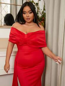 seomiscky Plus Off Shoulder Draped Zip Backless Dress - Red - View 5
