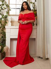 seomiscky Plus Off Shoulder Draped Zip Backless Dress - Red - View 6