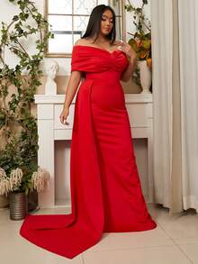 seomiscky Plus Off Shoulder Draped Zip Backless Dress - Red - View 7