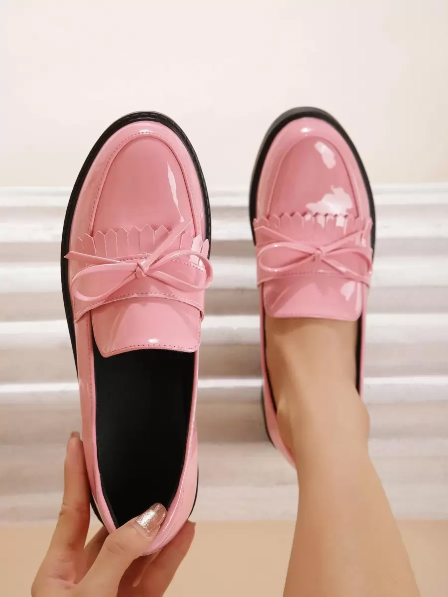 Bow Decor Fringe Trim Slip-On Flat Loafers, Pink Preppy Style Solid Color Loafers With Bow For Women Valentines - Pink - View 1