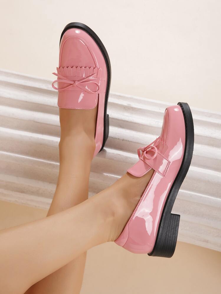 Bow Decor Fringe Trim Slip-On Flat Loafers, Pink Preppy Style Solid Color Loafers With Bow For Women Valentines - Pink - View 2