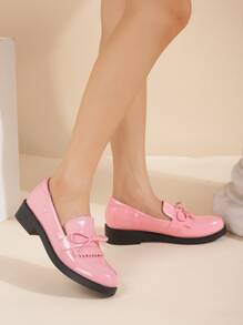 Bow Decor Fringe Trim Slip-On Flat Loafers, Pink Preppy Style Solid Color Loafers With Bow For Women Valentines - Pink - View 3