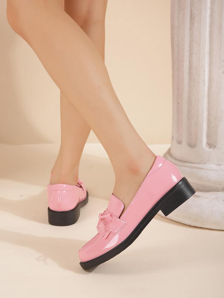 Bow Decor Fringe Trim Slip-On Flat Loafers, Pink Preppy Style Solid Color Loafers With Bow For Women Valentines - Pink - View 4