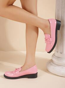 Bow Decor Fringe Trim Slip-On Flat Loafers, Pink Preppy Style Solid Color Loafers With Bow For Women Valentines - Pink - View 5