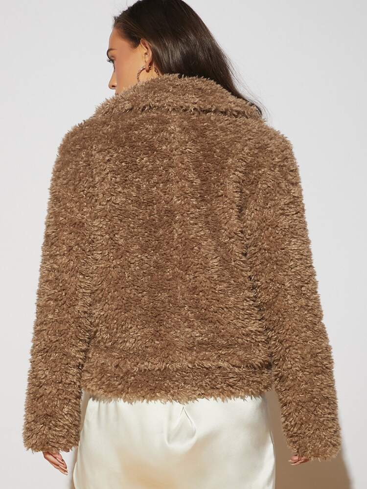 SHEIN BAE Double Breasted Placket Fuzzy Coat - Brown - View 2