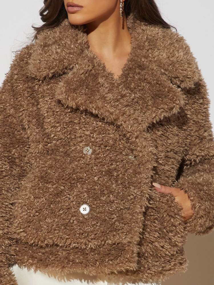 SHEIN BAE Double Breasted Placket Fuzzy Coat - Brown - View 4