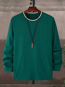 Manfinity Homme Men Ribbed Knit Striped Trim Tee - Dark Green - View 1