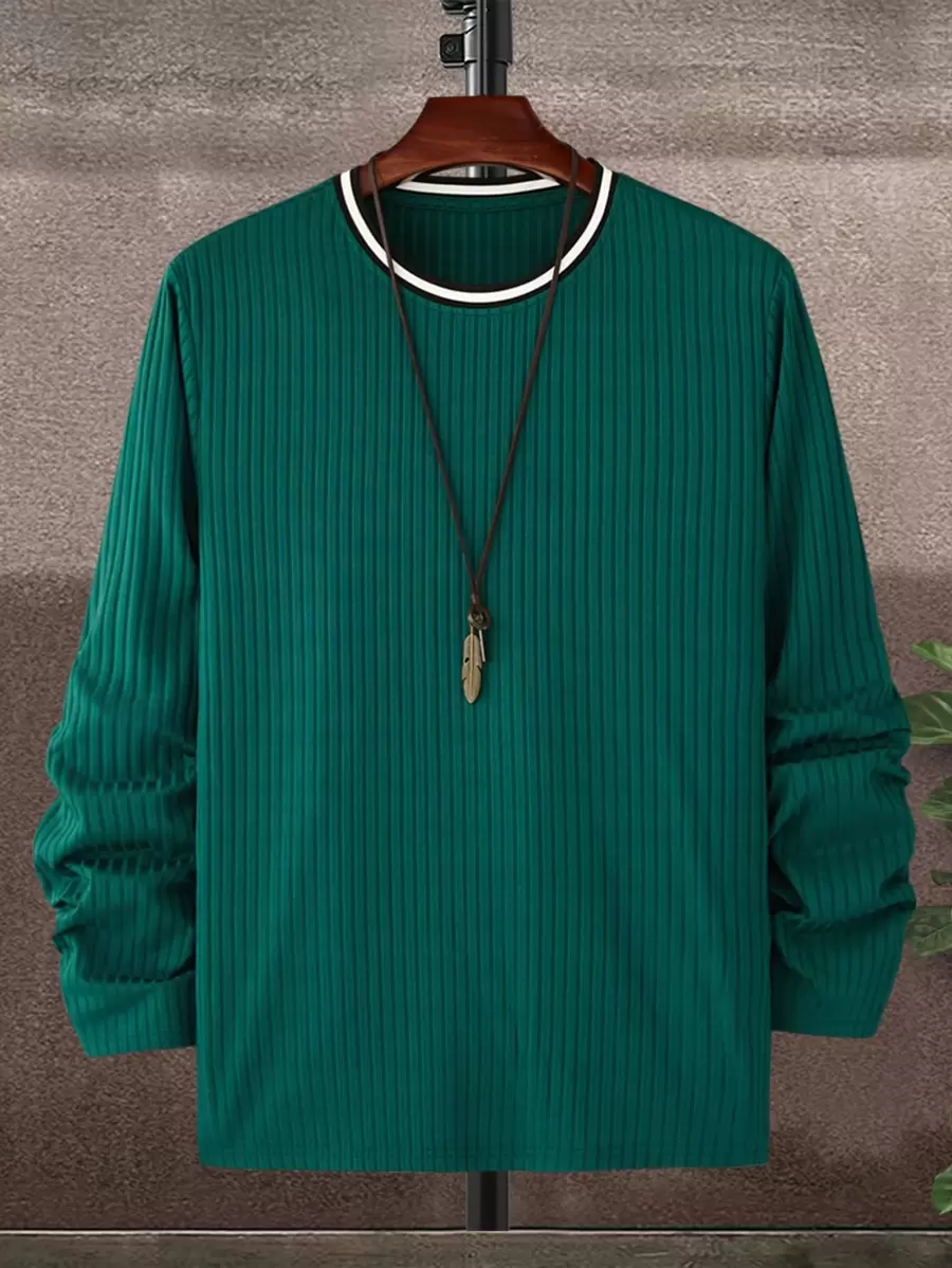 Manfinity Homme Men Ribbed Knit Striped Trim Tee - Dark Green - View 1