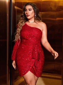 SHEIN Clasi 大碼單肩鬱金香下擺亮片緊身連衣裙 - 紅色 - 查看 1