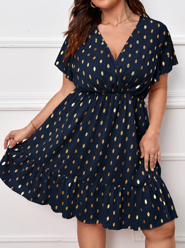 SHEIN Frenchy Vestido con estampado de lunares dorados bajo con fruncido - Azul Marino - Añade 1