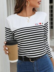 SHEIN Frenchy 條紋圖案字母刺繡T恤 - 黑與白 - 查看 4