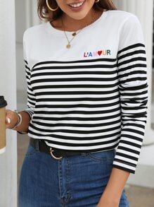 SHEIN Frenchy 條紋圖案字母刺繡T恤 - 黑與白 - 查看 5