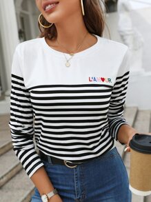 SHEIN Frenchy 條紋圖案字母刺繡T恤 - 黑與白 - 查看 6