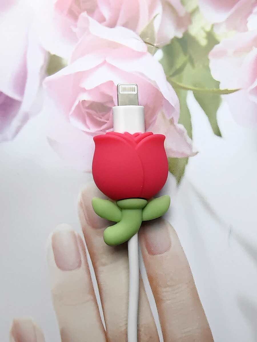 1 pieza Protector de cable de dato con diseño floral - Rosa Roja - Ver 1