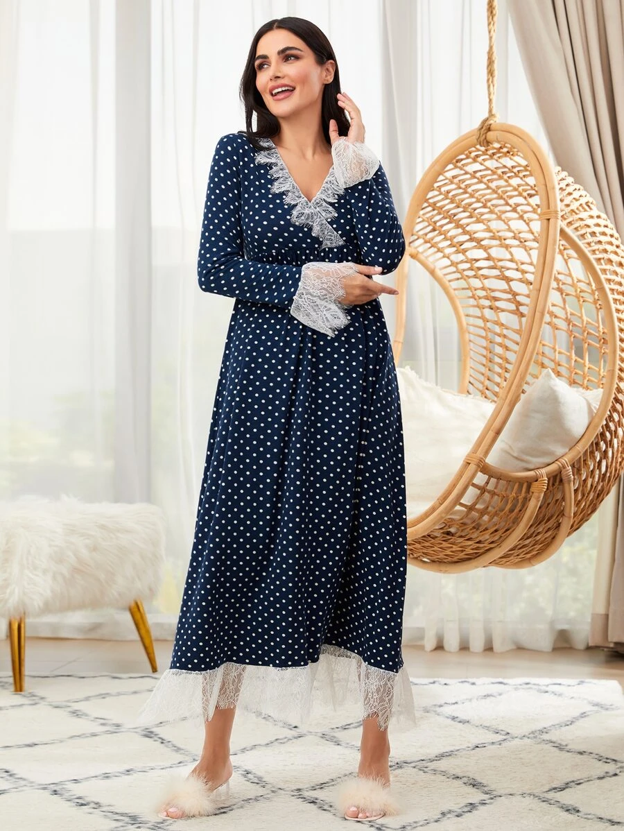 SHEIN Unity 波卡圓點蕾絲拼接休閒服連衣裙 - 藏蓝色 - 查看 1