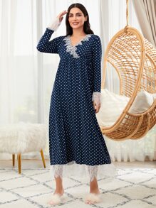 SHEIN Unity 波卡圓點蕾絲拼接休閒服連衣裙 - 藏蓝色 - 查看 3