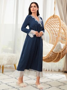 SHEIN Unity 波卡圓點蕾絲拼接休閒服連衣裙 - 藏蓝色 - 查看 4