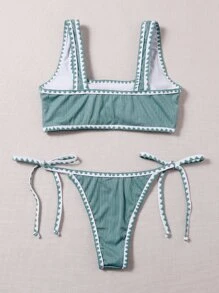SHEIN Swim Summer Beach Rib Whip Stitch Tie Side Bikini Set - Mint Green - View 2