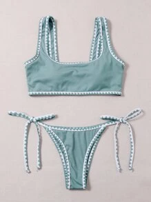 SHEIN Swim Summer Beach Rib Whip Stitch Tie Side Bikini Set - Mint Green - View 4