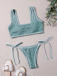 SHEIN Swim Summer Beach Rib Whip Stitch Tie Side Bikini Set - Mint Green - View 5