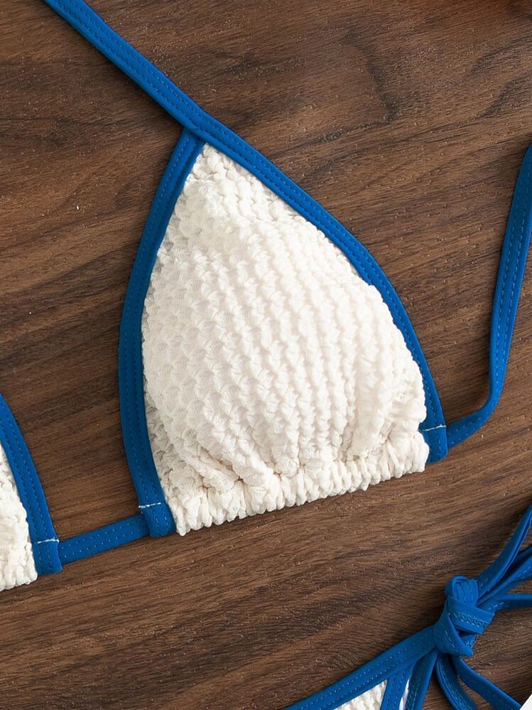 Swim SXY Bikini de triángulo halter con textura y detalle de amarre para playa de verano - Beis - Añade 3