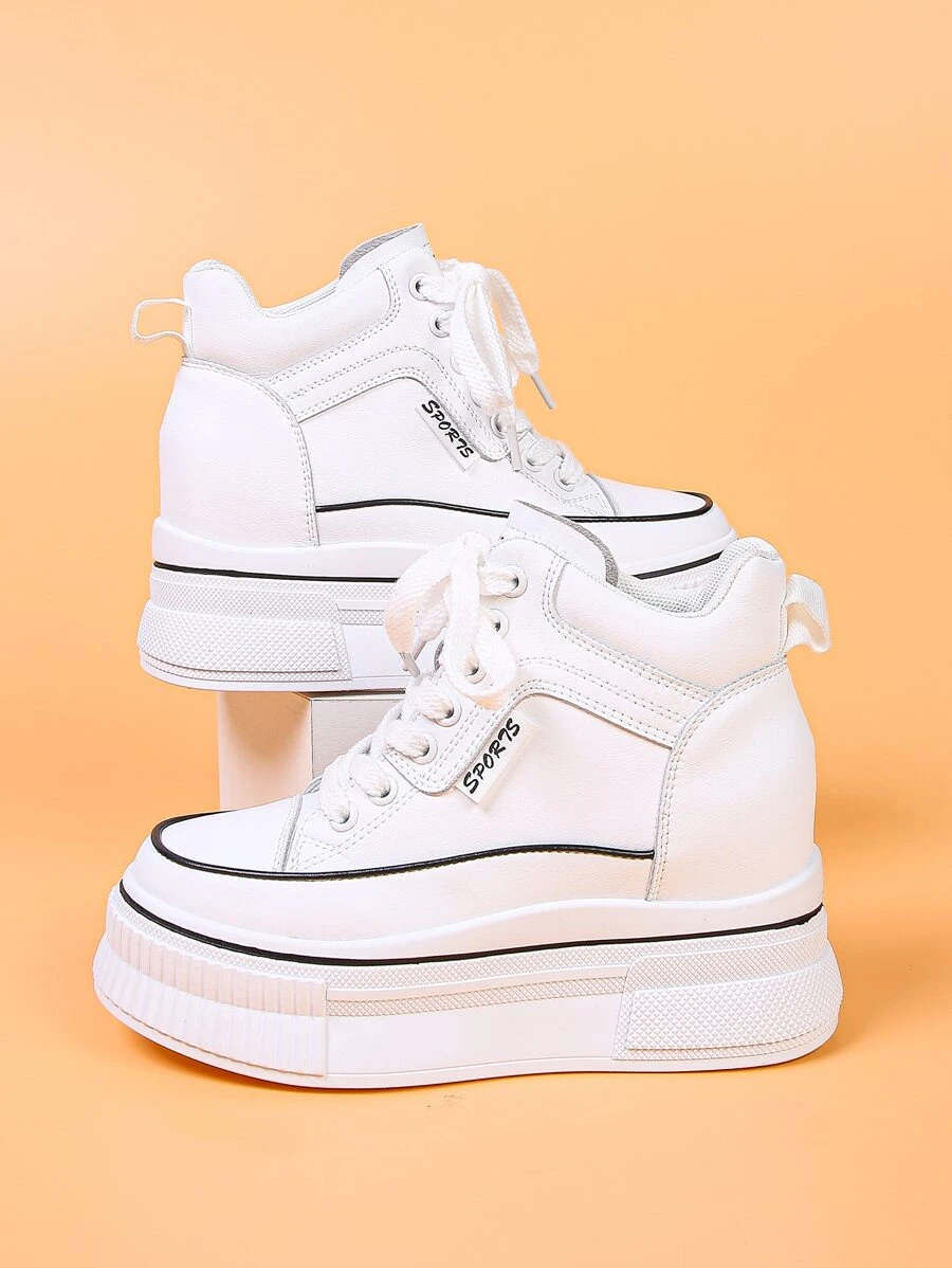 Letter Patched Lace-up Front Wedge Sneakers - White - View 1