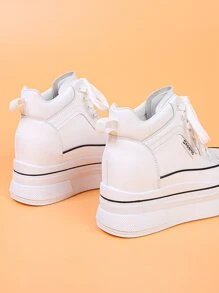 Letter Patched Lace-up Front Wedge Sneakers - White - View 2