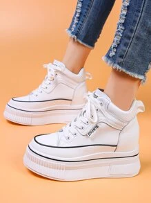 Letter Patched Lace-up Front Wedge Sneakers - White - View 3