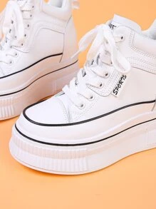 Letter Patched Lace-up Front Wedge Sneakers - White - View 4