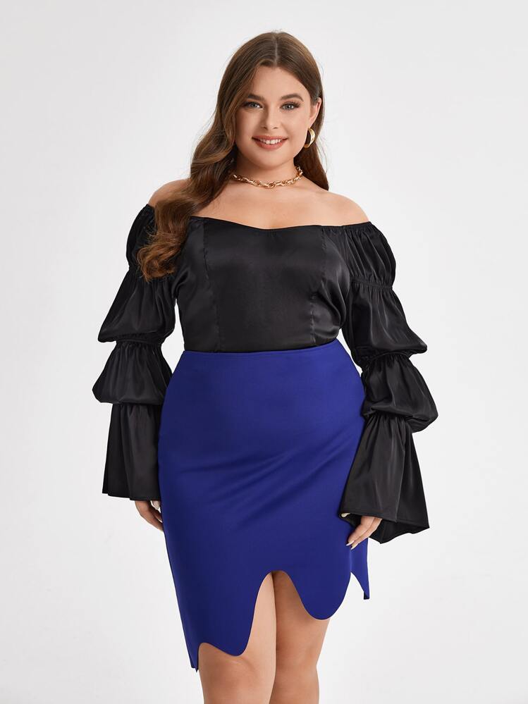 FORREST Plus Off Shoulder Flounce Sleeve Satin Blouse, Fall Women Clothes, For Autumn & Winter - Black - View 1