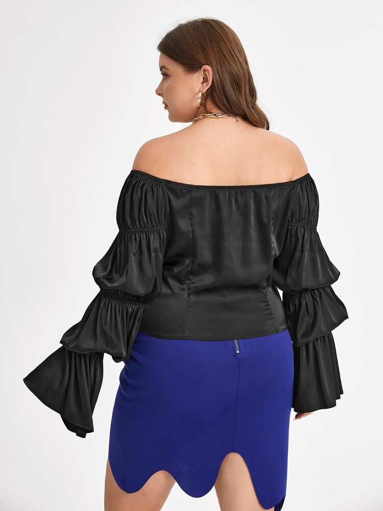 FORREST Plus Off Shoulder Flounce Sleeve Satin Blouse, Fall Women Clothes, For Autumn & Winter - Black - View 2