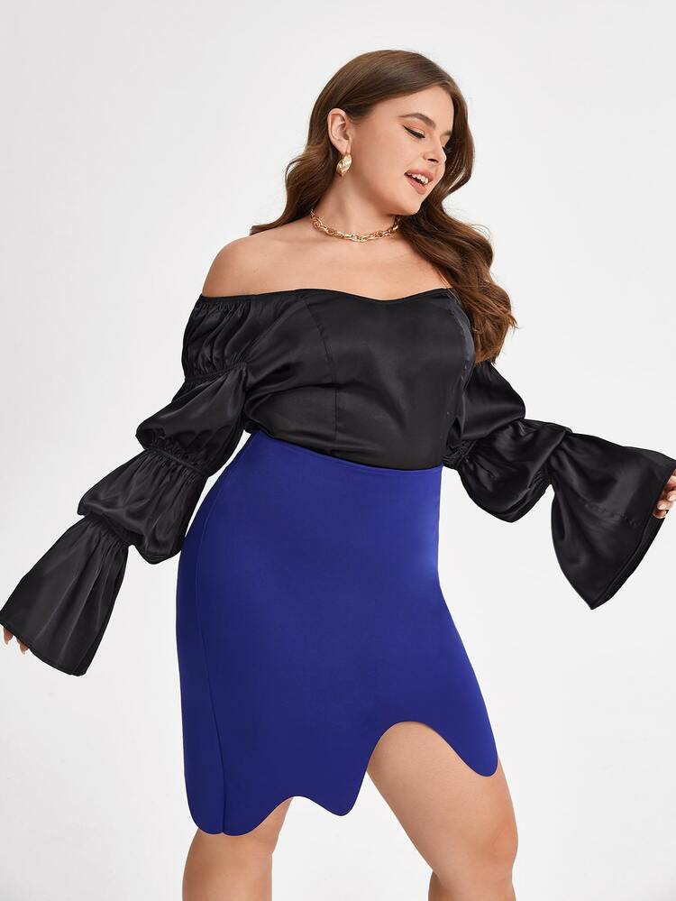 FORREST Plus Off Shoulder Flounce Sleeve Satin Blouse, Fall Women Clothes, For Autumn & Winter - Black - View 3