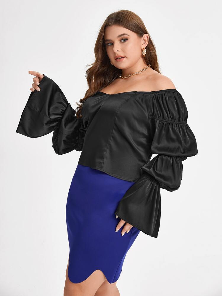 FORREST Plus Off Shoulder Flounce Sleeve Satin Blouse, Fall Women Clothes, For Autumn & Winter - Black - View 5