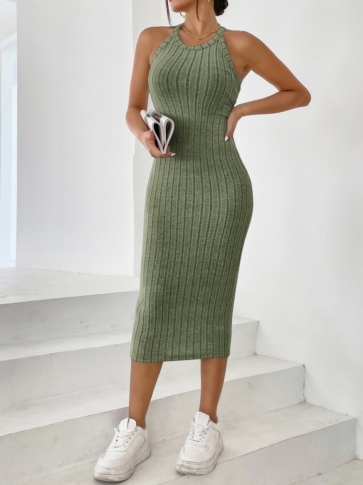 SHEIN Essnce 無地柄 ホルターネック ボディコンドレス - アーミーグリーン - 見る 6