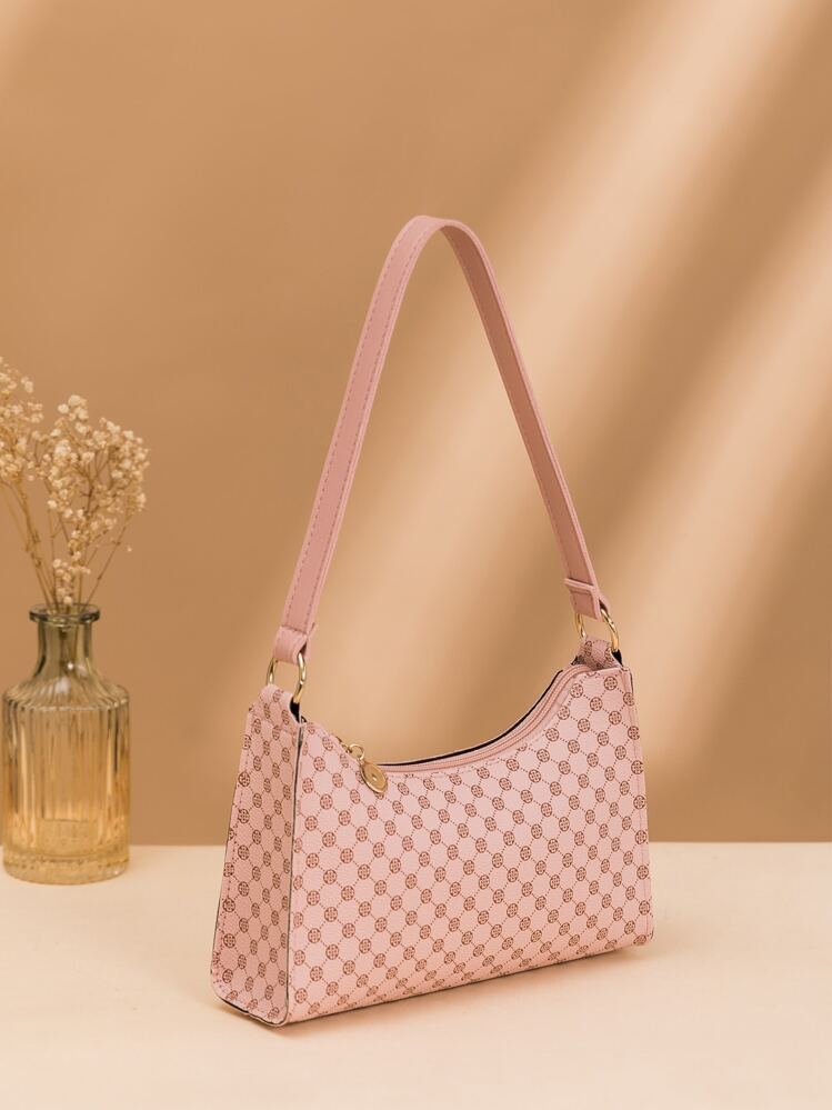 Geometric Pattern Zipper Bag - Pink - View 1