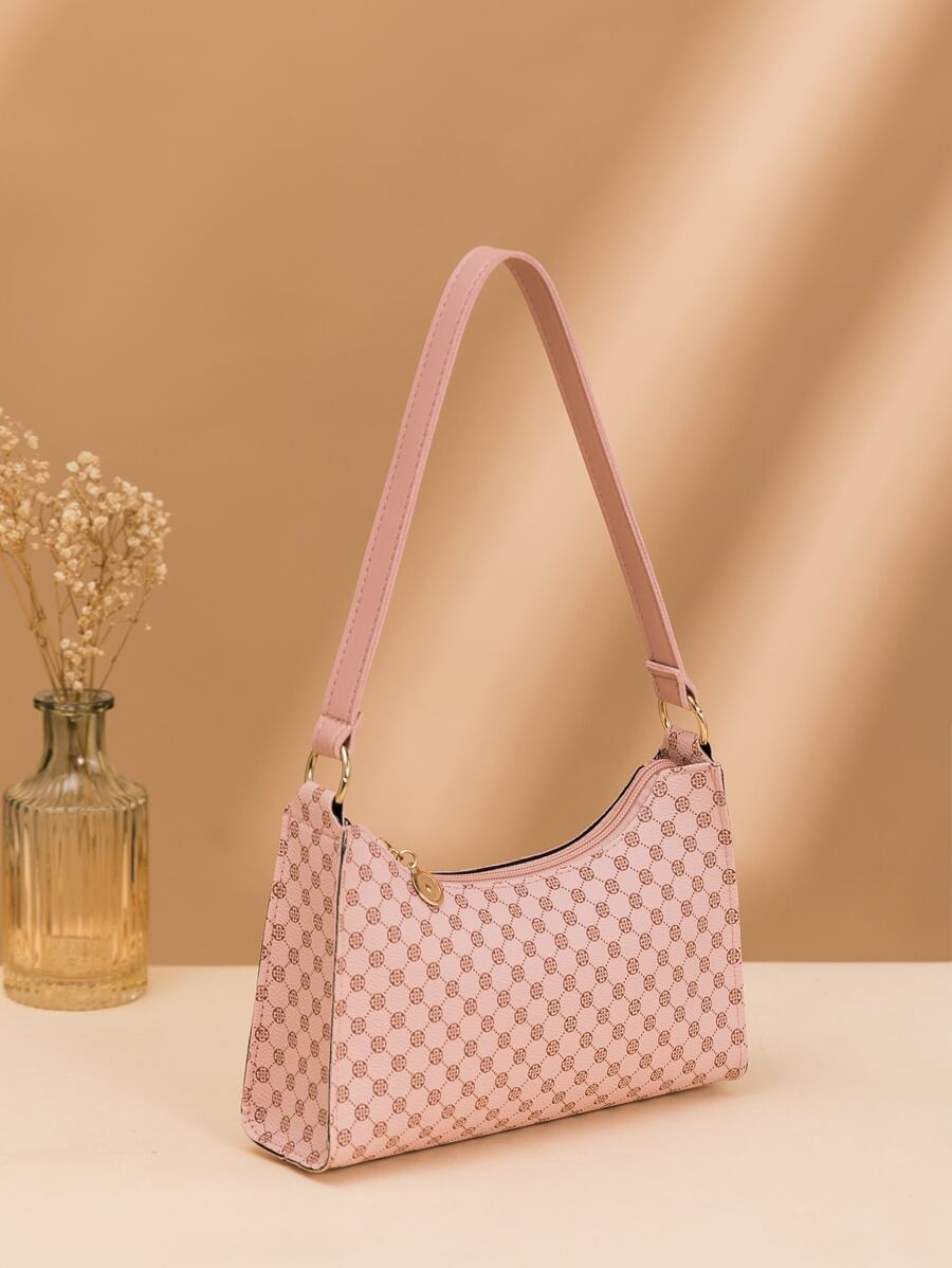 Geometric Pattern Zipper Bag - Pink - View 1