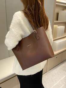 字母圖案單肩托特包 - 棕色 - 查看 5